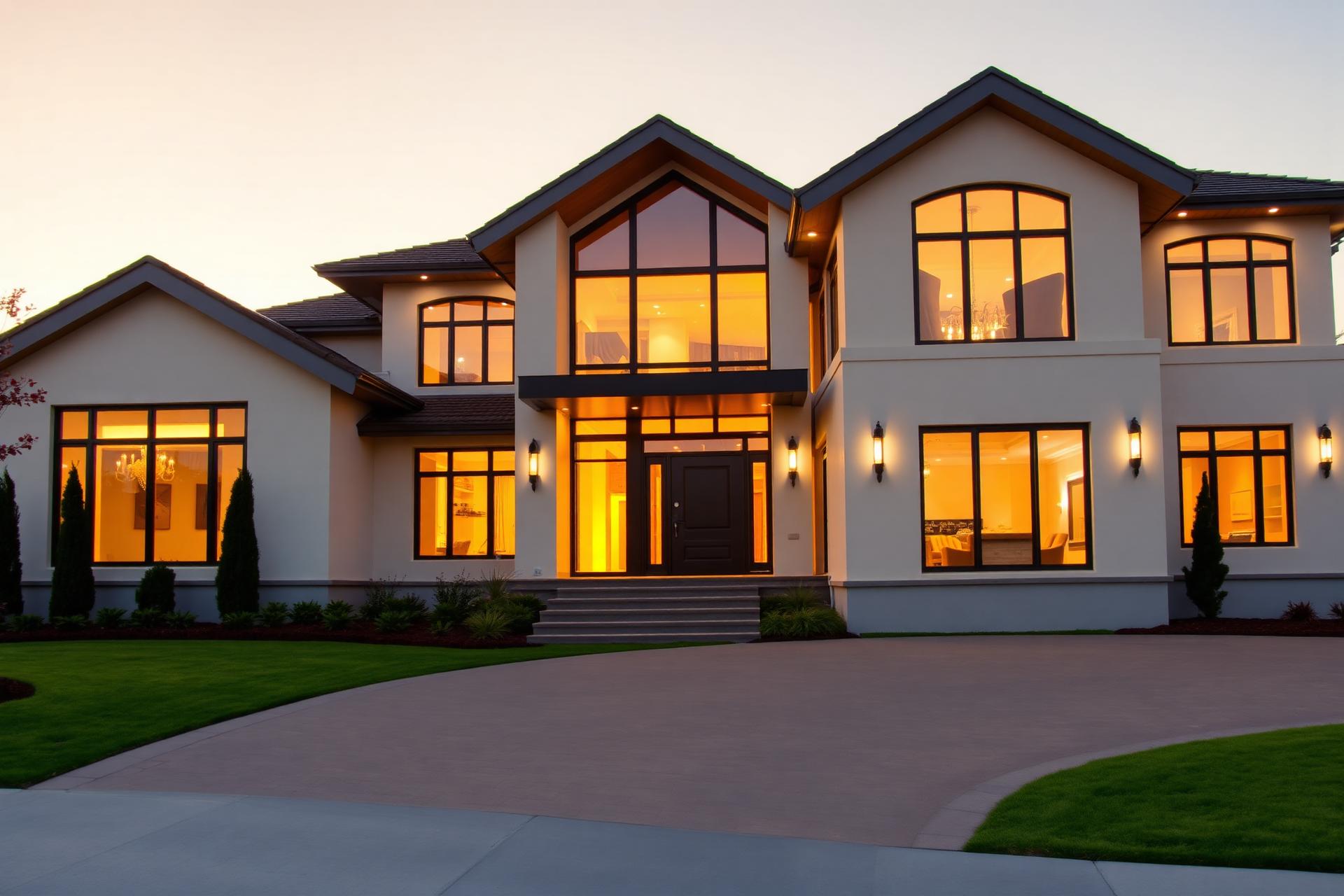 A modern luxury home at golden hour